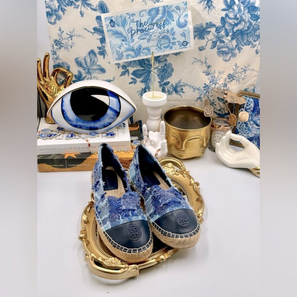 🆕 TORY BURCH 🧿 NWOB Colourblock Frayed Denim Espadrilles, Sz US 10 - Picture 2 of 16